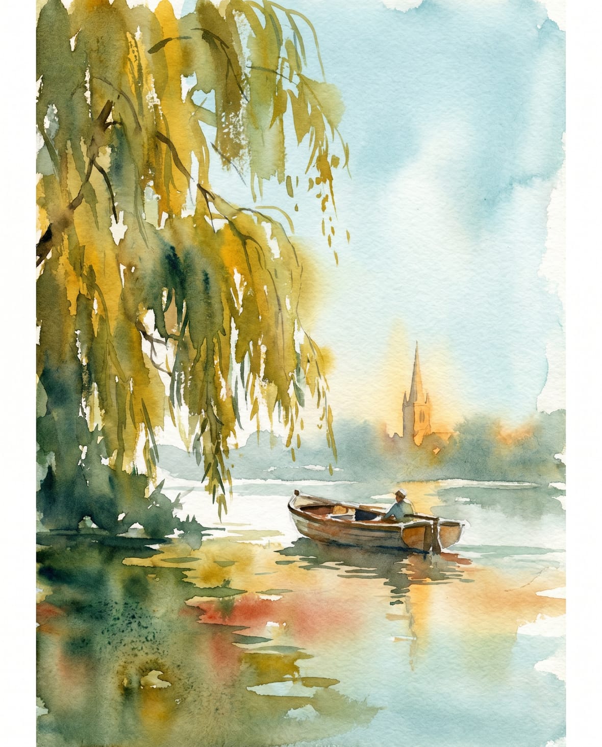 Watercolour of the River Thames near Bray, willows draping over calm reflective water.